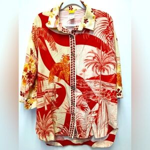 Agua Bendita Short Sleeve Button Down Blouse Medium Orange Beach Vacation Travel